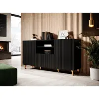 Homlando Kommode PAFOS, 150 cm, zwart, mat, met gouden poten en gefreesde fronten. Gemaakt van MDF. 2 deuren, 1 lade. Geschikt als dressoir, hoge kast, sideboard, kast met open planken of buffet