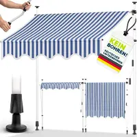 Tillvex Klemluifel 200 cm blauw-wit met handslinger balkon | balkonluifel zonder boren | luifel UV-bestendig en in hoogte verstelbaar | zonwering waterdicht
