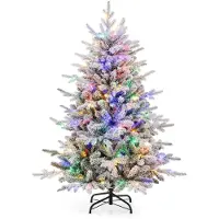 Costway 135 cm kunstkerstboom, beklede dennenboom met 160 meerkleurige LED-lampjes, 8 lichtmodi en 436 takpunten, verlichte kerstboom