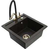 Mexen Vito granieten gootsteen 1-komer met keukenmengkraan Duo, zwart/goud metallic - 6503-75-671701-57-G