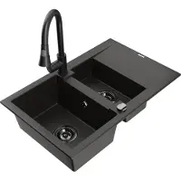 Mexen Gaspar granieten gootsteen 1,5-komorig met afdruiprek en keukenmengkraan Elia, zwart/goud metallic - 6507-75-670101-70-B