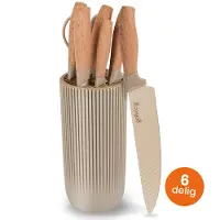 Goliving 6-Delige Messenset - Incl. Messenblok , Schaar met Fles- en Dopopener - RVS - Bruin