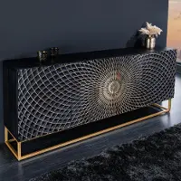 Invicta Design dressoir ILLUSION 180cm zwart mangohout massief hout met 3D houtsnijwerk goud ijzer metalen frame - 44320