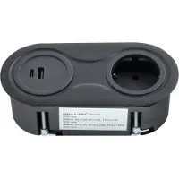 Sotech inbouwstopcontact (1 x USB-aansluiting / 1 x USB-C-aansluiting / 1 x veiligheidsstopcontact) ovaal zwart contactdooselement incl. aansluitsnoer met stekker voor werkbladen