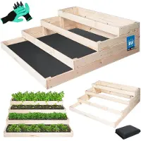 KOTARBAU Moestuinbak, Plantenbed, Kiefernhout, 120 x 120 x 36 cm, Natuurlijk, Bloembed 4 Etages, Verhoogde Plantenbak, met Handschoenen met Klauwen en Onkruidvlies