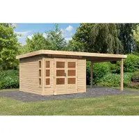 Karibu tuinhuis, tuinhuis Kastorf 6, in een set met een aanbouwoverkapping, 3,2 meter breed, in natuurlijke staat, afmetingen 565x274x222 cm