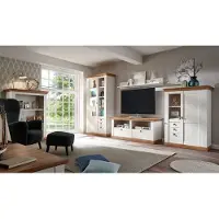 IMV Woonkamerwand, landhuisstijl, 458 cm, grenen, wit / notenhout eikenhout, wandmeubel, vitrine