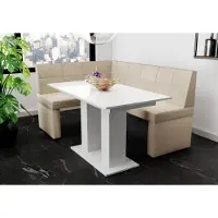 Fun-Möbel Eckbankset 196x142 cm BLAKE XL R, bekleding: stof Soro, kleur: crème / Eettafel DANTE, kleur: wit, afwerking: hoogglans