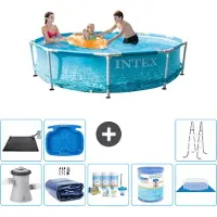 Intex Rond Frame Zwembad - 305 x 76 cm - Waterprint - Inclusief Pomp Solarzeil - Onderhoudspakket - Filter - Grondzeil - Solar Mat - Ladder - Voetenbad