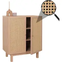 Mendler Highboard -M51, ladekast dressoir, opbergvakken, massief hout mango Kubu rotan 98x79x42cm ~ naturel