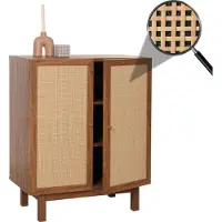 Mendler Highboard -M51, ladekast dressoir, opbergvakken, massief hout mango Kubu rotan 98x79x42cm ~ walnoot look