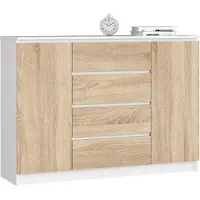 Akord Ladekast K140 met 4 Lades en 2 Deuren / Furniture Factory / Wit – Sonoma Eik / 138 x 99 x 40 cm