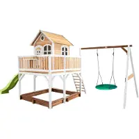 Axi Liam Speelhuis op palen, zandbak, nestschommel & limoen groene Glijbaan | Speelhuisje voor de tuin / buiten in bruin & wit van FSC hout | Speeltoestel voor kinderen