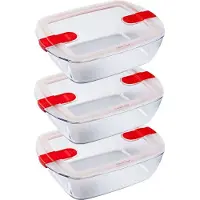 Pyrex - Cook & Heat Schaal 1,1 liter Rechthoek Set van 3 Stuks - Transparant/Rood