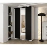MINIO go for it MINIO, garderobekast VADO, 160x235,2x45 cm, 3 schuifdeuren (waarvan 1 met spiegel), 10 legplanken, 2 uittrekbare metalen stangen, mat wit/zwart