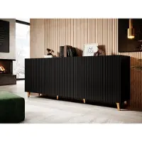 Homlando Kommode PAFOS, 200 cm, zwart, mat, met gouden poten en gefreesde fronten. Gemaakt van MDF. Inclusief 4 deuren. Kan ook gebruikt worden als sideboard, hoge kast, dressoir of buffet met open planken