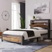 OKWISH Metalen kinderbed, 90 x 200 cm, met hoofdeinde en opbergruimte, metalen bedframe, inclusief matras, zwart + naturel