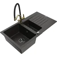 Mexen Matias granieten spoelbak 1,5-komorige met druiprek en keukenkraan Duo, zwart/gouden metallic - 6502-75-671701-57-B