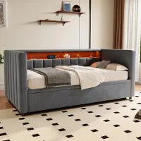 OKWISH Uitschuifbaar bed 90x190. Frame voor een dagbed zonder matras, met een klassiek knoopdesign en een uitschuifbaar bed. Stapelbed met LED-verlichting en opbergruimte, grijs