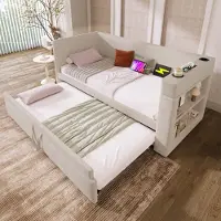 STILVORA Gestoffeerd Dagbed 90x190 cm - Met Uittrekbed en USB/Type-C Oplaadpunt - Met Opbergvakken en Drinkhouders - Katoen-Linnen - Beige - Zonder matras