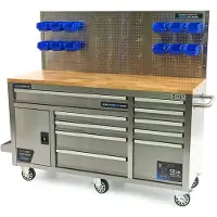 HBM werkbank 158 cm met 10 laden, deur en achterwand, RVS