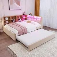 OKWISH Ledikant 90x200 cm – grijs linnen – uitschuifbaar bed (90x190 cm), 3 lades en verstelbaar hoofdbord