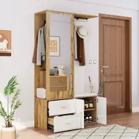 MODFU Witte Küchenschrank Hochschrank met LED-Verlichting, Verstelbare Planken en 2 Lades, Vitrinenschrank met Variabele Lichtkleuren, Esszimmerschrank