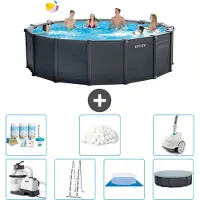 Intex runder zwembad met grafietgrijs paneel – 478 x 124 cm – inclusief pomp, ladder, bodemzeil, afdekking, onderhoudspakket, filterballen en stofzuiger