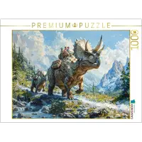 CALVENDO Puzzel: Bergwandeling - Mensen met een dinosaurus Triceratops | 1000 stukjes. Afmetingen: 64 x 48 cm. Fotopuzzel voor gezellige momenten