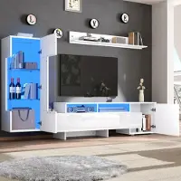 STILVORA TV-meubel, 3-delig, met LED-verlichting en hoogglanzende voorzijde. TV-kast met deuren en lades, en woonkamer meubelset voor de woonkamer, met acryl deuren en een glazen scheidingswand, wit