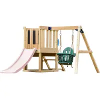 Axi Timo Mini Speeltoestel van Hout - Pastel Roze Glijbaan | Speeltoren met Babyschommel, Klimwand en Krijtbord | Speeltoestel op Palen voor de Tuin
