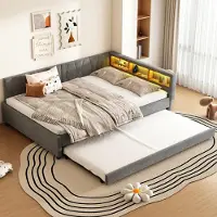 OKWISH Uitschuifbaar bed 140x200, dagbed met lattenbodem en opbergruimte, uitschuifbaar bed met USB + Type C poorten, LED-omgevingsverlichting, grijs (zonder matras)