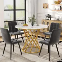OKWISH Eetset (5-delig), ronde eettafel met gouden metalen poten, keukentafel met 4 grijze fluweelstoelen, goud + wit + grijs