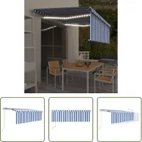 The Living Store Buitendouche - Zonneluifel - Luifel automatisch rolgordijn LED windsensor 4x3 m blauw en wit - Terrasoverkapping - Aluminium Luifel - Elektrische Luifel