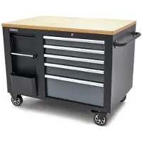 HBM verrijdbare gereedschapswagen, werkbank 114 cm met houten werkblad, zwart/grijs