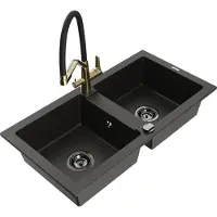 Mexen Mario granieten gootsteen 2-kamers met keukenkraan Duo, zwart/gouden metallic - 6504-75-671701-57-B