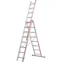 Hymer universele ladder, drieledig, met 3 secties van elk 8 sporten, hellingshoogte 3,81 m, maximale werkhoogte 4,59 / 6,29 m, gewicht 14,8 kg