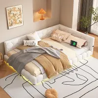 OKWISH Dagbed, uitslaapkamer, 140x200 cm met LED-verlichting en USB-poort, bekleed bed met lattenbodem van teddypluizig materiaal, multifunctioneel bed, tweepersoonsbed, kinderbed, wit (met matras)