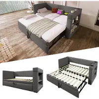 STILVORA slaapbank 90x200 met uitschuifbed en bekerhouder, daybed met USB- en TYPE-C oplaadpoort en opbergruimte, enkel bed van linnen, met matras, grijs