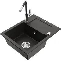 Mexen Enzo granieten gootsteen, 1-komer met afdruiprek en keukenkraan Flora, zwart/goud metallic - 6506-75-670401-07