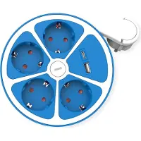 Roline 4-voudige stekkerdoos met schakelaar, rond, , USB-oplader A+C, blauw, 3 m
