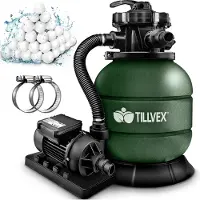 Tillvex Zandfiltersysteem 7.900L/h + 400g Filterkogels | Zandfilterinstallatie filterinstallatie 7-weg ventiel & Adapter Ø32-38mm | Zwembadfilter met drukweergave | Zandfilter zwembad (Groen)