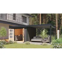 Karibu Gartenhaus, hybride model "Pluto 6", in een set met een uitbouw, ongeveer 3 meter breed, kleur: terragrond, afmetingen: 574x271x218,5 cm
