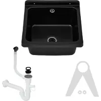 QLS Gootsteen Zwart 40x38x22 cm van Kunststof - Inclusief Sifonset - voor Kelder, Tuin en Garage 10841