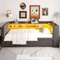 STILVORA slaapbank 90/180x190 cm, bekleed met stof, met uitschuifbed en LED-verlichting. Dagbed met stopcontacten, fluweelstof, donkergrijs (zonder matras)