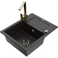Mexen Enzo granieten spoelbak met 1 bak en afdruiprek en keukenmengkraan Rita, zwart/gouden metallic - 6506-75-670300-50-B