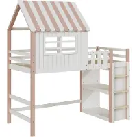 STILVORA Kinderbed 90x200, hoogslaper met veiligheidsladder en opbergvak, massief houten bed met lattenbodem en valbeveiliging, met dakvorm en raam, roze (zonder matras)