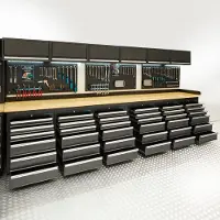 Datona Werkbank PRO - bamboe werkblad - 36 lades - gereedschapsborden - hangkasten - 400 cm - zwart