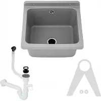 QLS Gootsteen Grijs 40x38x22 cm van Kunststof - Inclusief Sifonset - voor Kelder, Tuin en Garage 10840