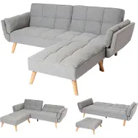 Mendler Slaapbank -K18 met voetenbank, slaapbank, slaapfunctie 218x175cm ~ stof/textiel lichtgrijs
